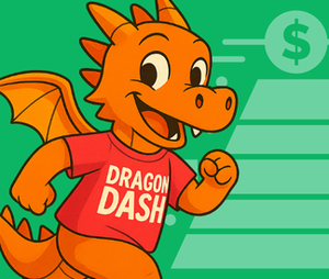 Illustrated orange dragon wearing a Dragon Dash shirt with an illustration of a fundraiser bar