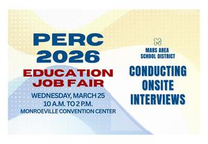 a white background with blue and yellow waves and the words PERC 2026 Education Job Fair
