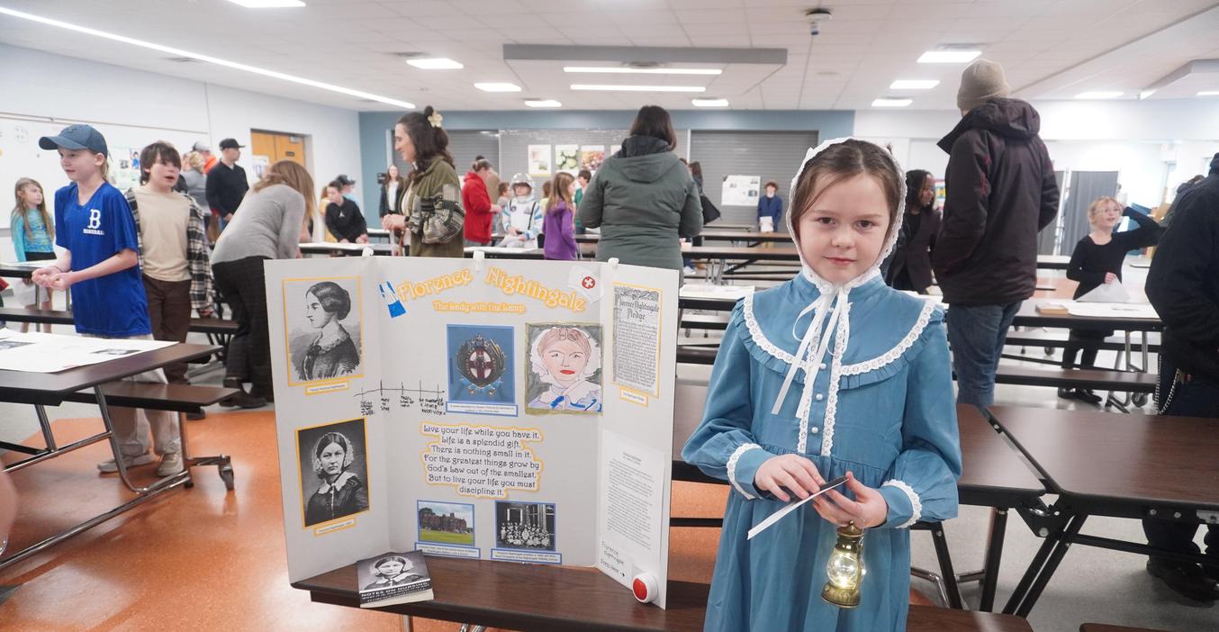 A Page student dresses the part of Florence Nightengale for the Wax Musuem.