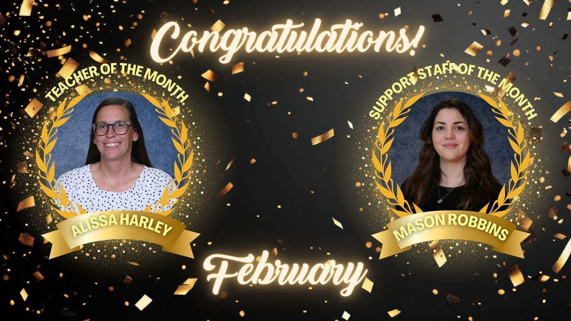 Celebratory graphic announcing Teacher and Support Staff of the Month with confetti.