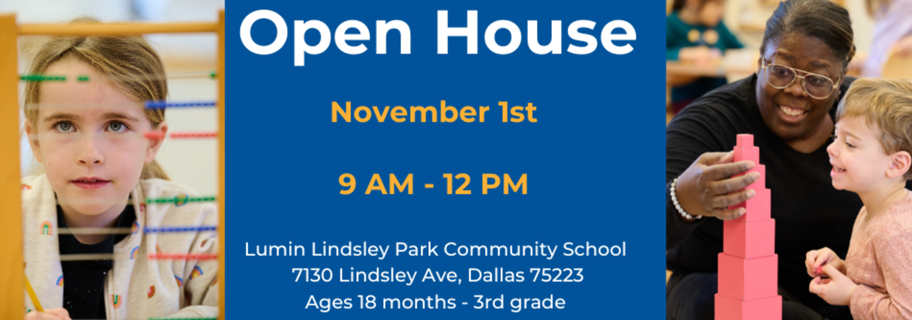 Open House event promotional banner with a girl, a teacher, and children building blocks.