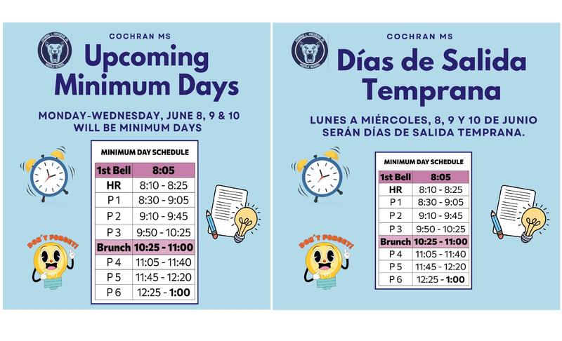 Upcoming Minimum Days for June / Dias De Salida Temprana Para Junio Featured Photo