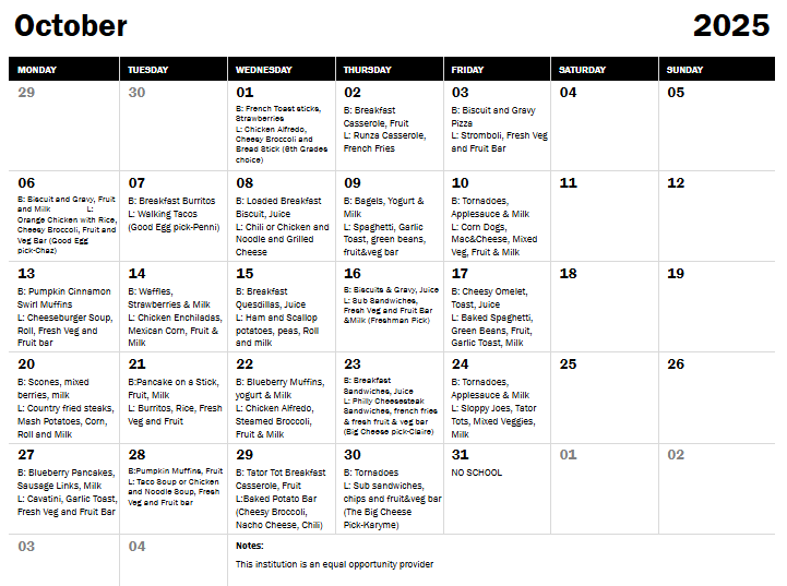 October Breakfast & Lunch
