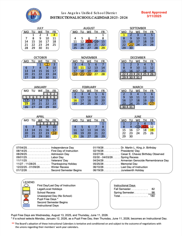 LAUSD Instructional Calendar 2025 - 2026