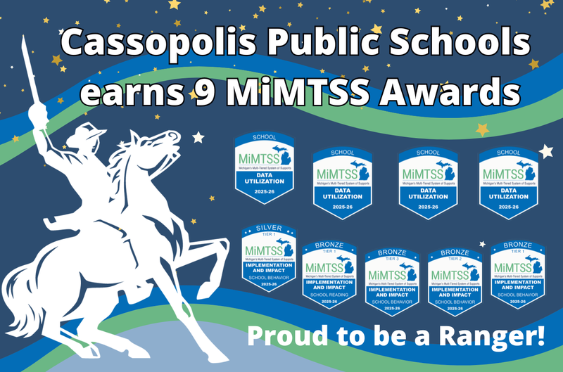Rider on a horse celebrates Cassopolis Public Schools' 9 MiMTSS Awards.