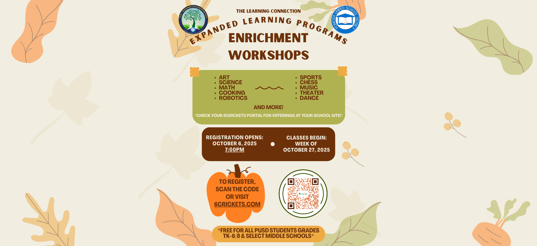 Enrichment workshop registration beginning October 6th at 7pm
