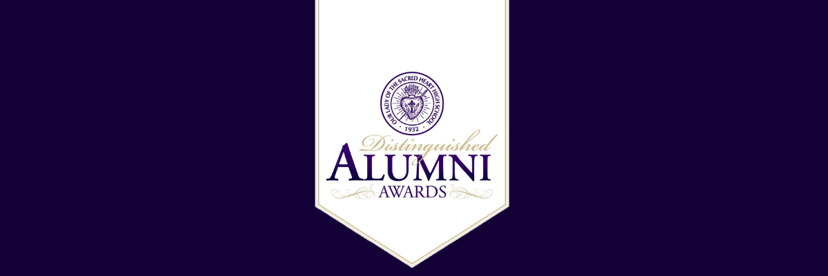purple bar with white banner denoting OLSH Distinguished Alumni Awards