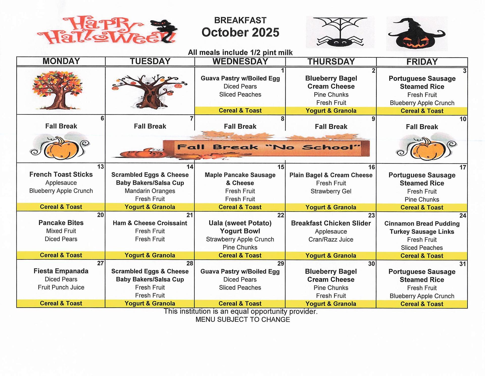October Breakfast Menu
