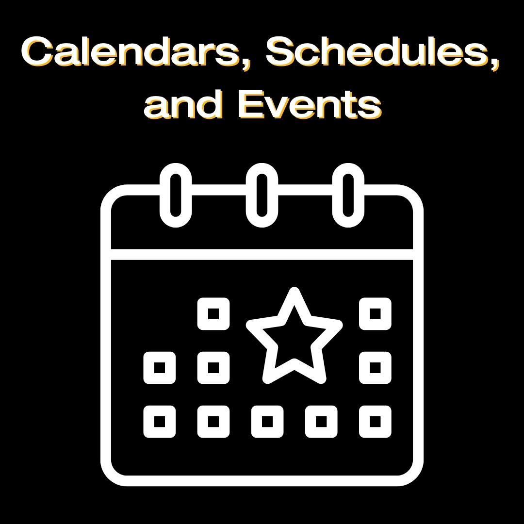 Tile announces "Calendars, Schedules, and Events" and includes a photo of a Calendar