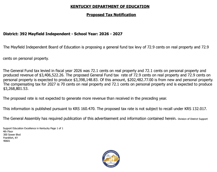 Picture of Proposed Tax Rates for Mayfield Independent Schools for 2026-2027