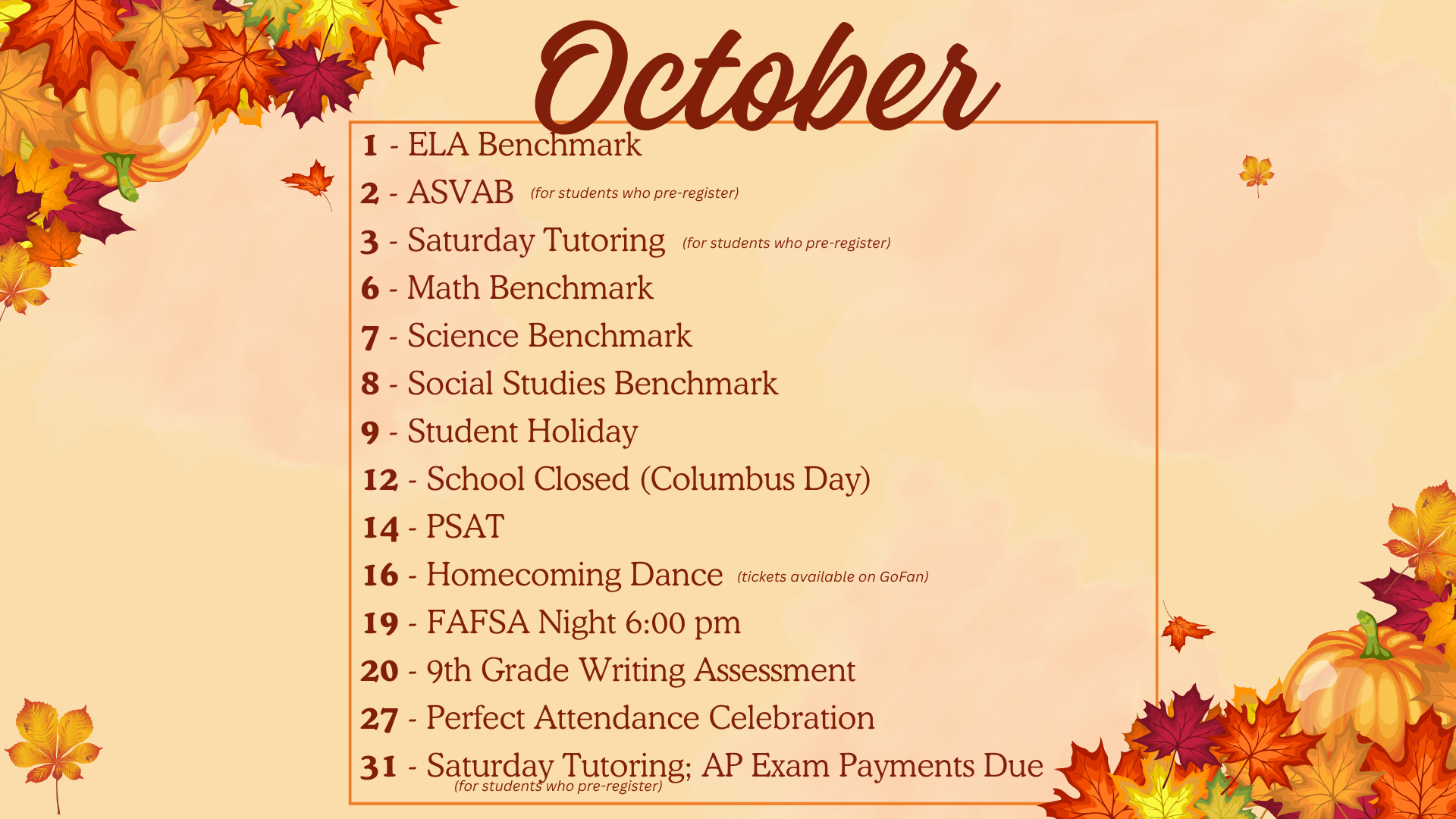 Calendar for October with events listed among autumn leaves.