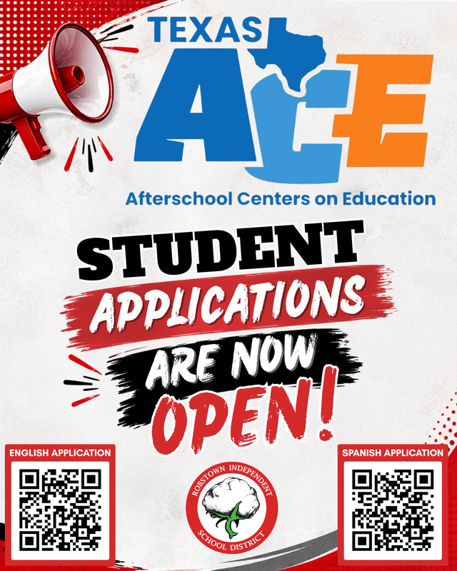 Poster announces open student applications for Texas Afterschool Centers.