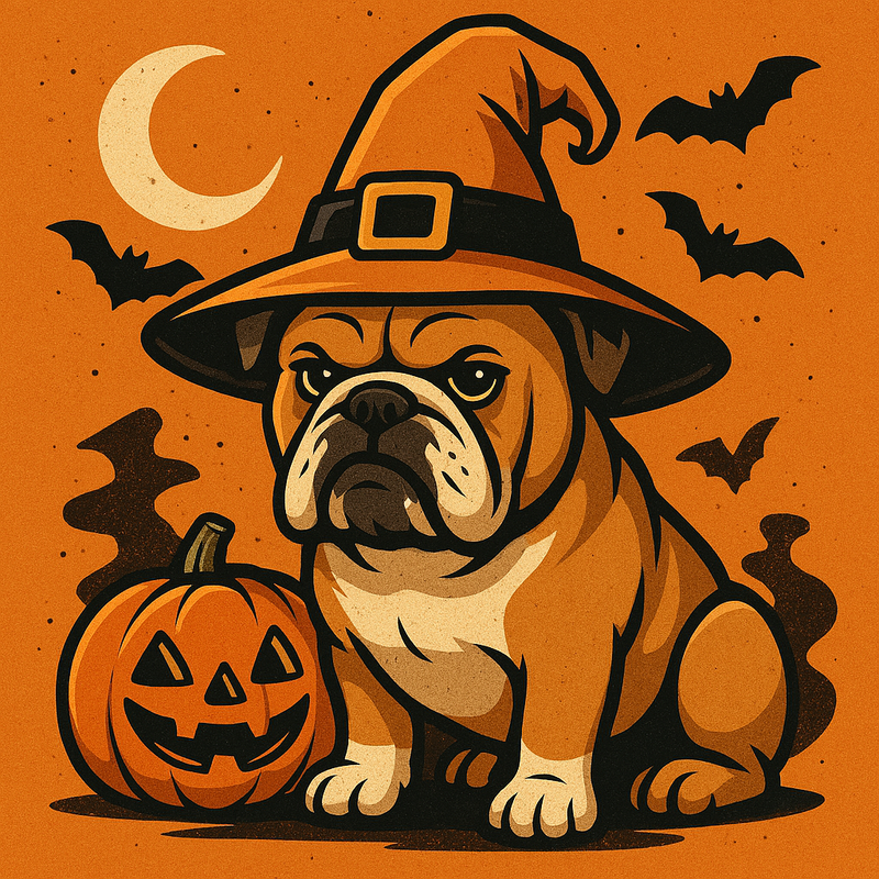 Bulldog with Halloween decorations around it