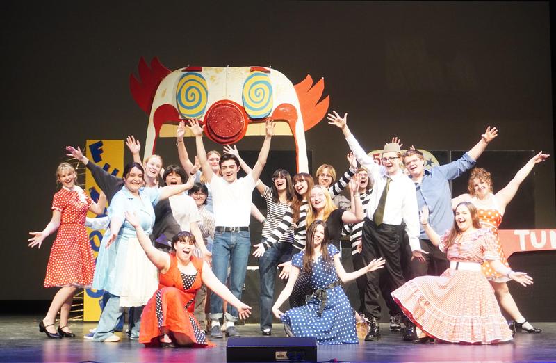 Cast members of TKHS musical All Shook Up rehearse a scene.
