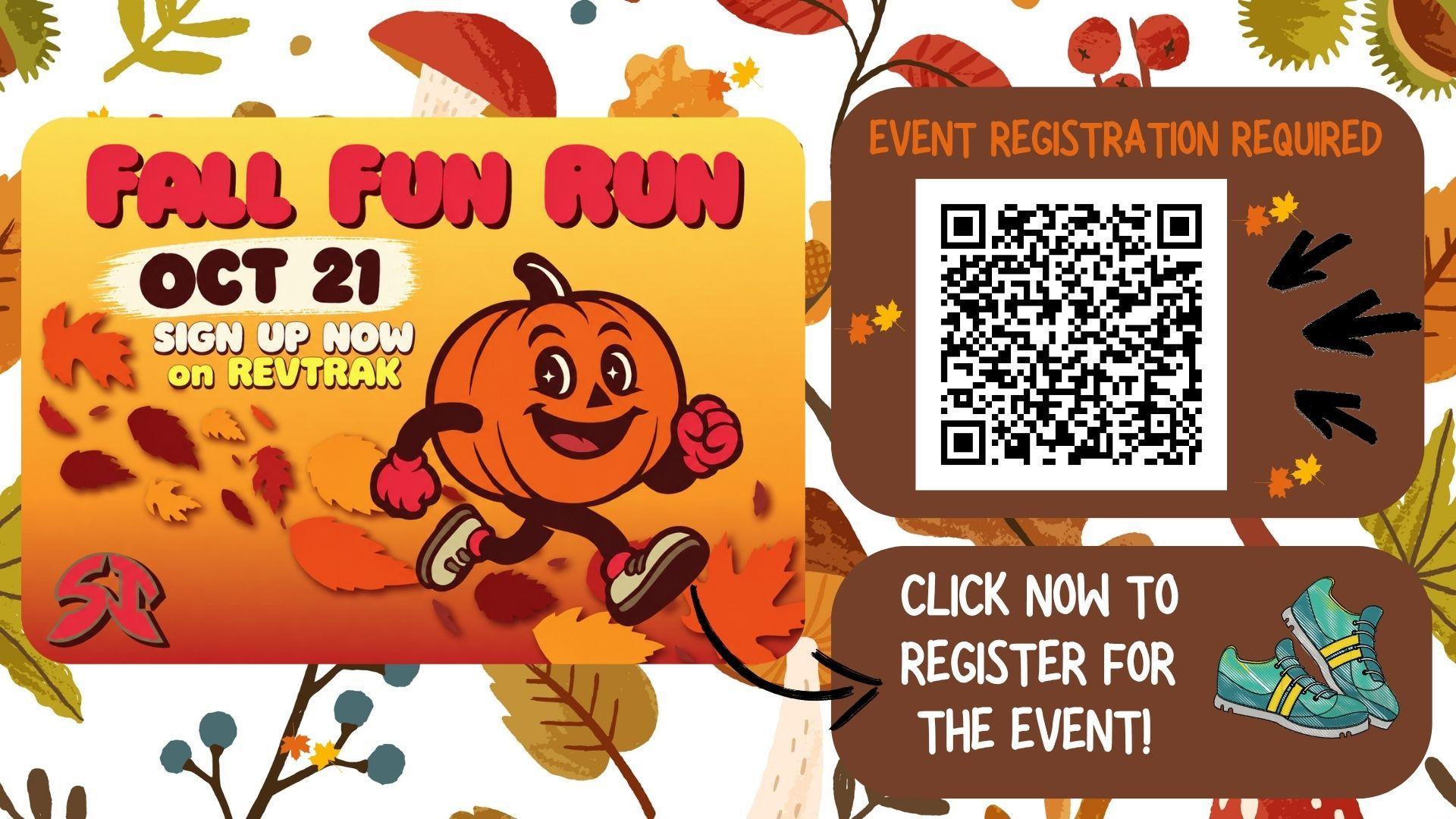 Fall Fun Run poster with a cartoon pumpkin running among autumn leaves.