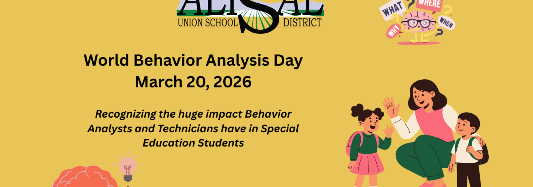 Celebration graphic for World Behavior Analysis Day with illustrations and text.