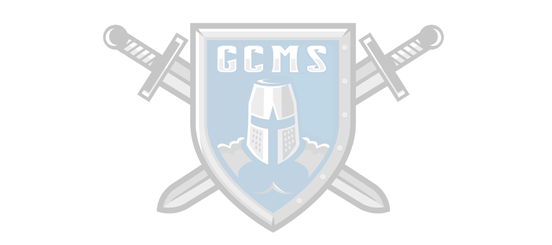 GCMS logo, shield with helmet against a blue background with two diagonal crossing swords behind it