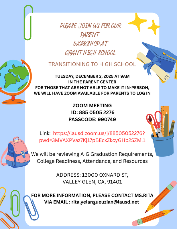 Parent Workshop: Transitioning to High School | Tuesday, Dec. 2, 2025, 9:00 AM at the Parent Center Featured Photo