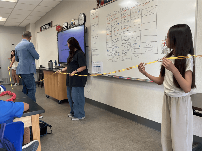 students measuring with paper chain