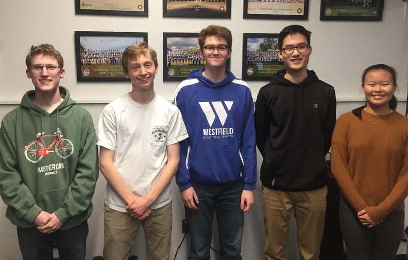 (L-R) Westfield High School student musicians Max Tennant, Conor Daly, Patrick Gallagher, Alex Cha, and Aprina Wang will perform with the New Jersey Music Educators Association (NJMEA) All-State Band at NJPAC on Saturday, February 22.
