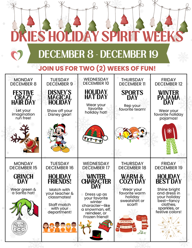 Holiday Spirit Weeks (Dec 8-19) schedule