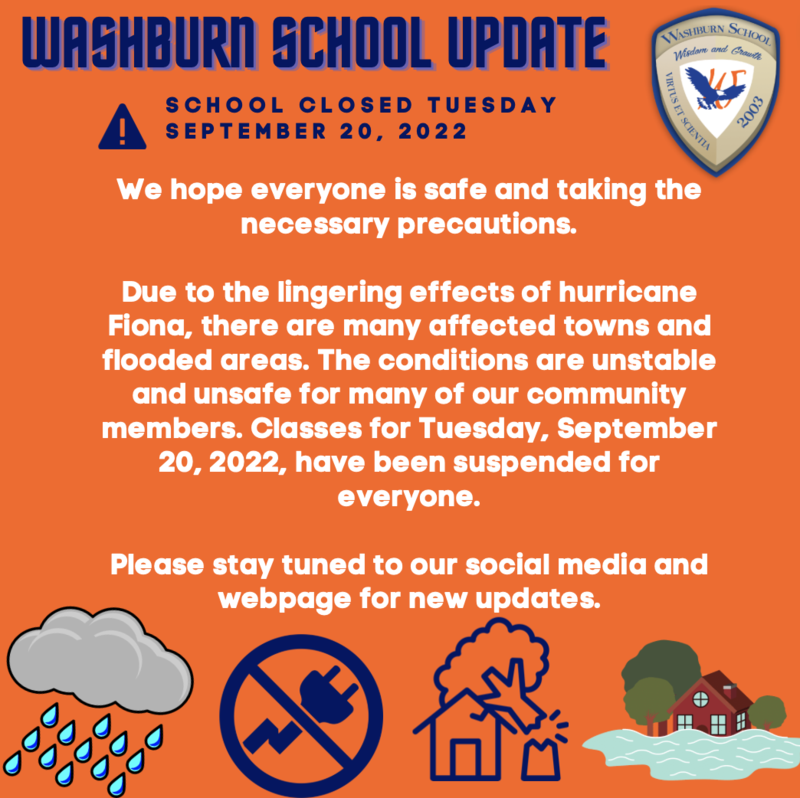 School Closed Monday September 19 and Tuesday September 20 Due to Hurricane Fiona