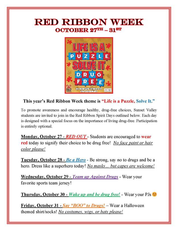 puzzle pieces, red ribbon week theme days listed