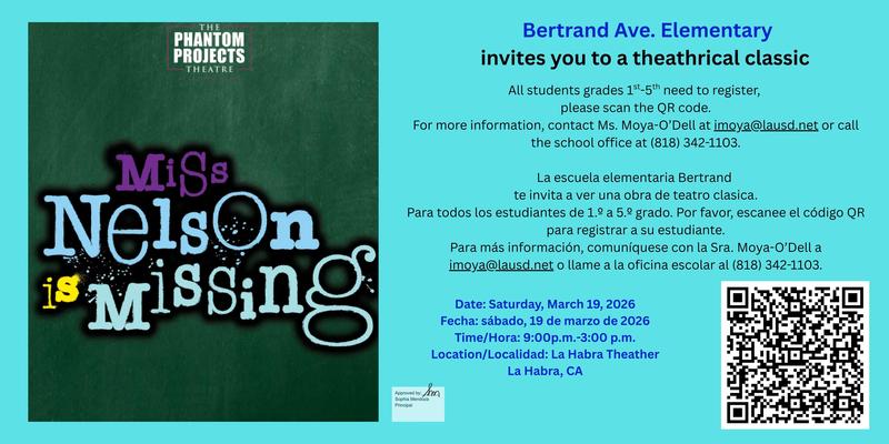Miss Nelson is Missing infographic with QR code.