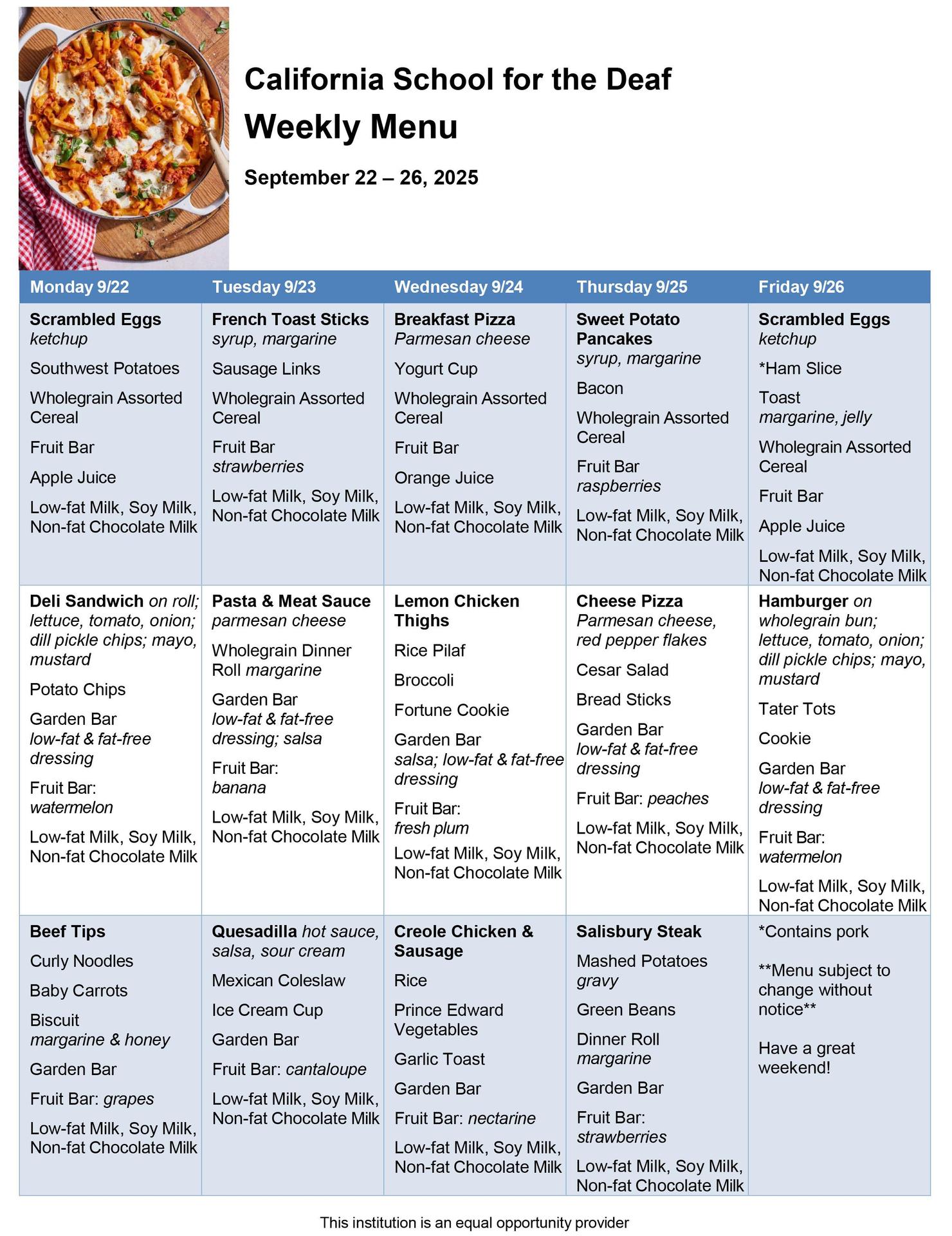 Sept 22-26 menu; tap on image for readable menu