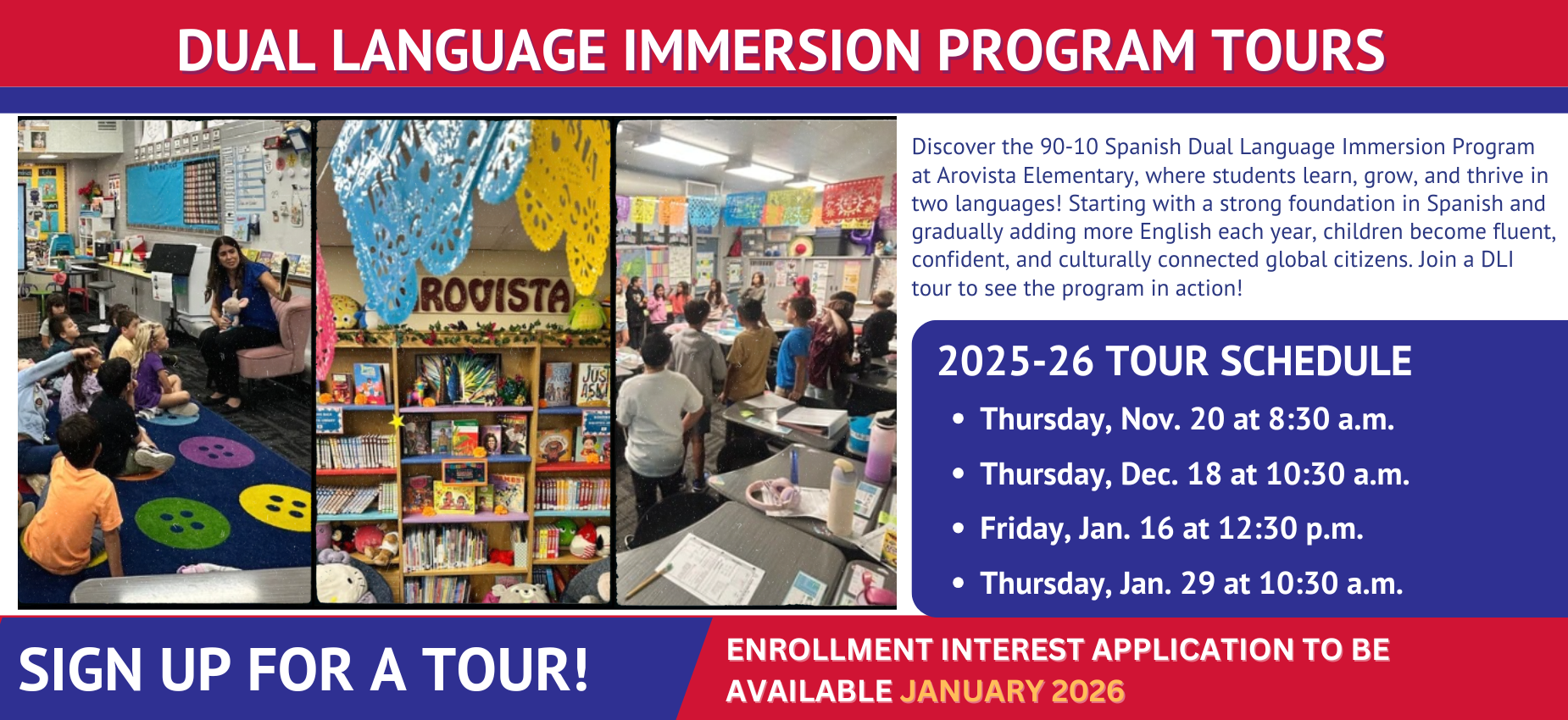 Banner promoting dual language immersion program tours with schedule details and engaging classroom visuals.