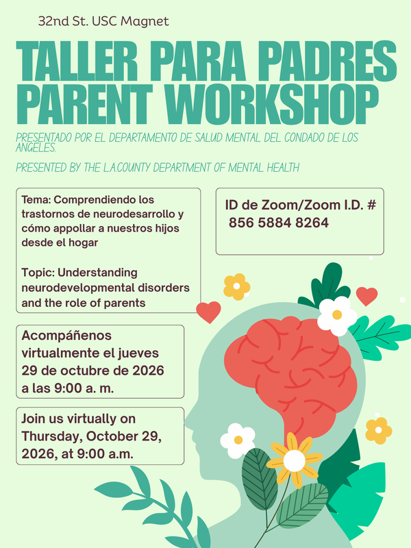 Parent Workshop with meeting information. Taller para padres con información sobre la reunión
