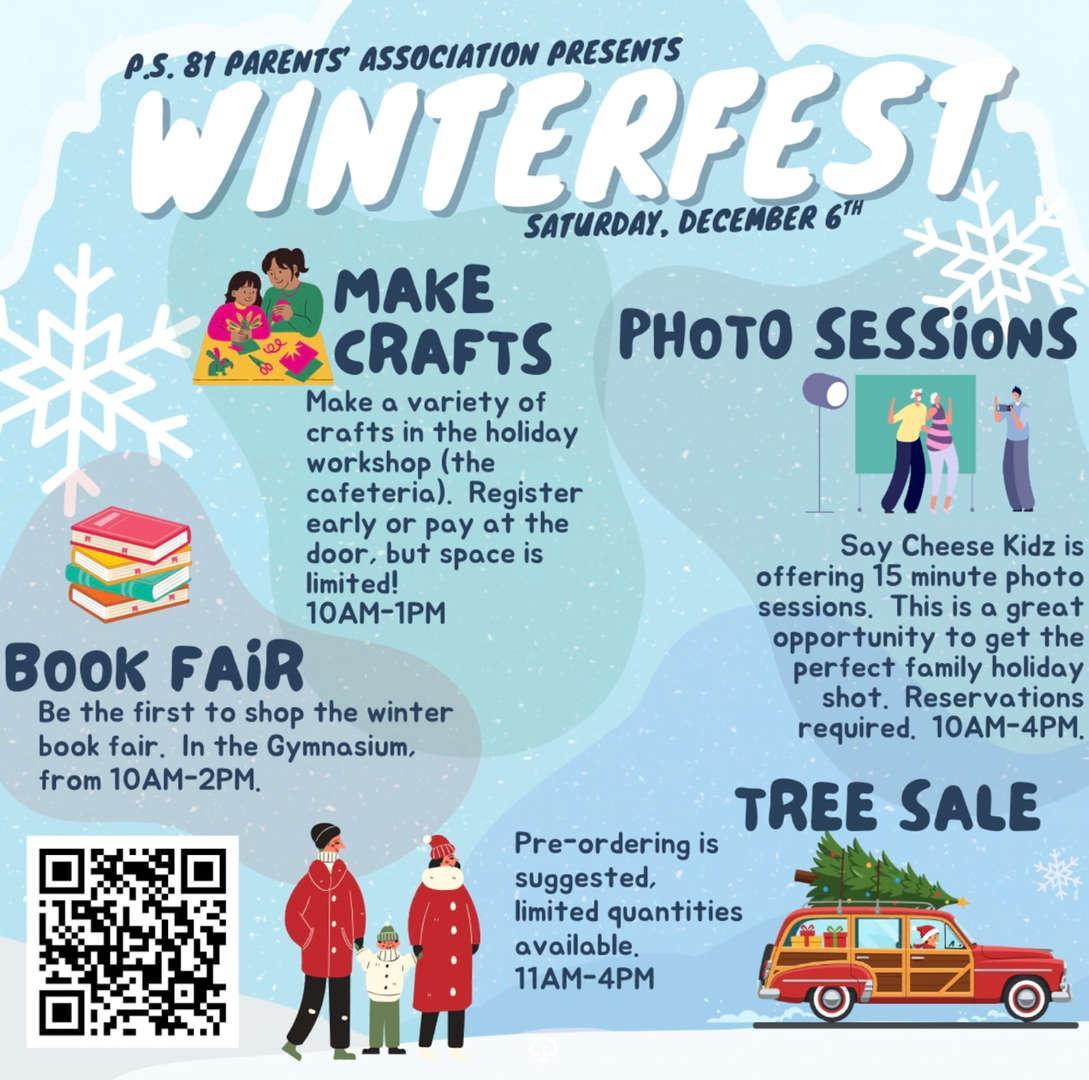 Event flyer for Winterfest with details on crafts, book fair, tree sale, and photo sessions.