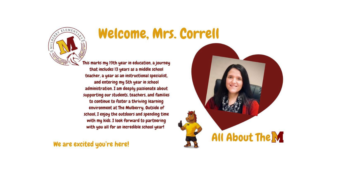 Welcome banner for Mrs. Correll with a personal introduction and school mascot.