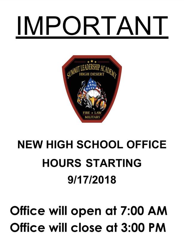 Important! New High School Office Hours effective 9/17/2018 Summit