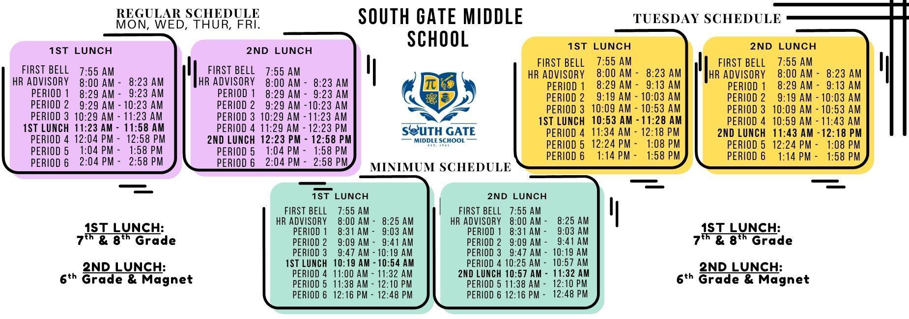 2-Lunch bell schedule for Regular, Tuesday and Minimum Days. 1st Lunch is for 7th and 8th grade students at the home school, and 2nd lunch is for 6th grade and Magnet students.