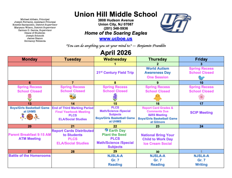 April 2026 Calendar-Union Hill Middle School