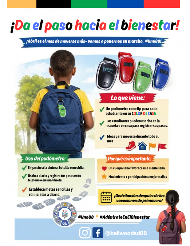 Step into wellness flyer with pedometers and tips for using them at home and at school in spanish.