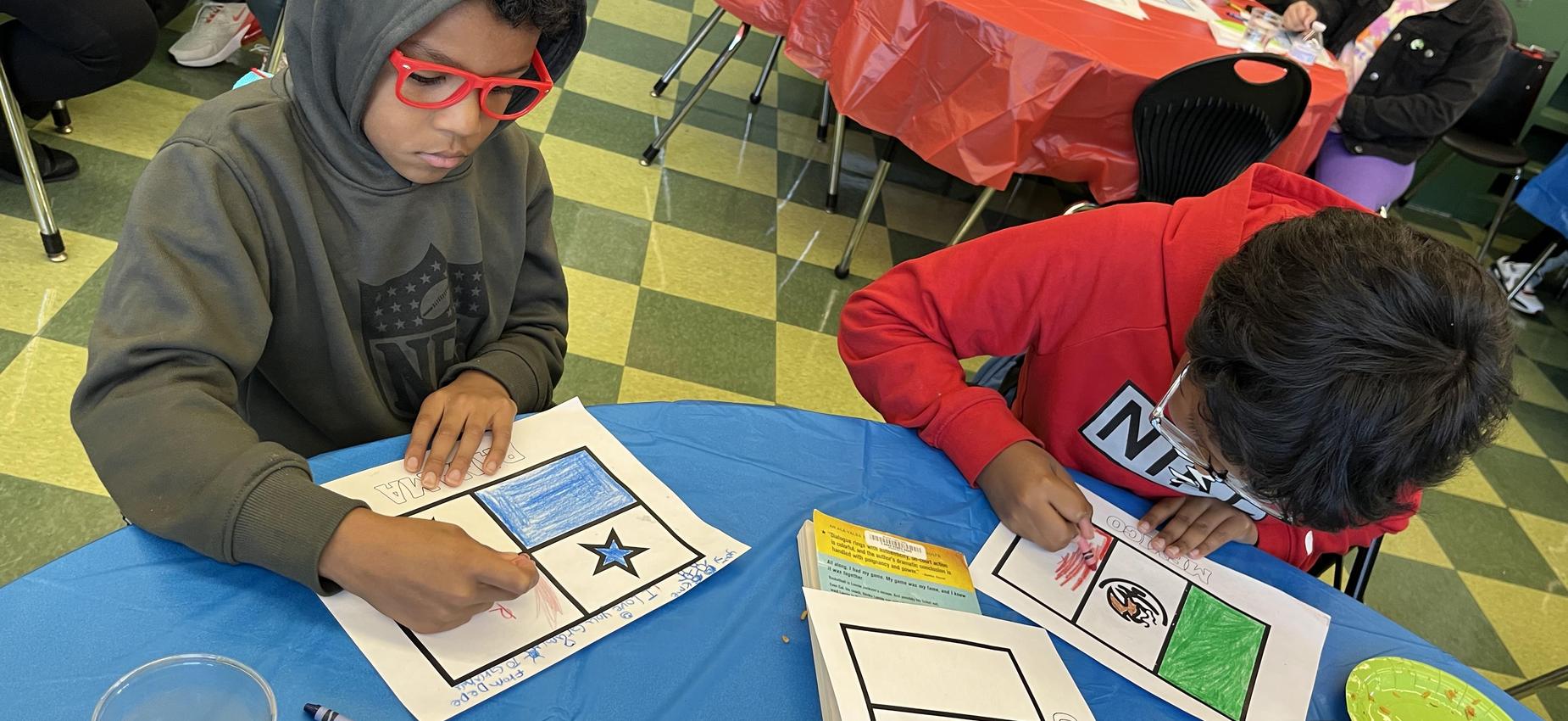children coloring in flags