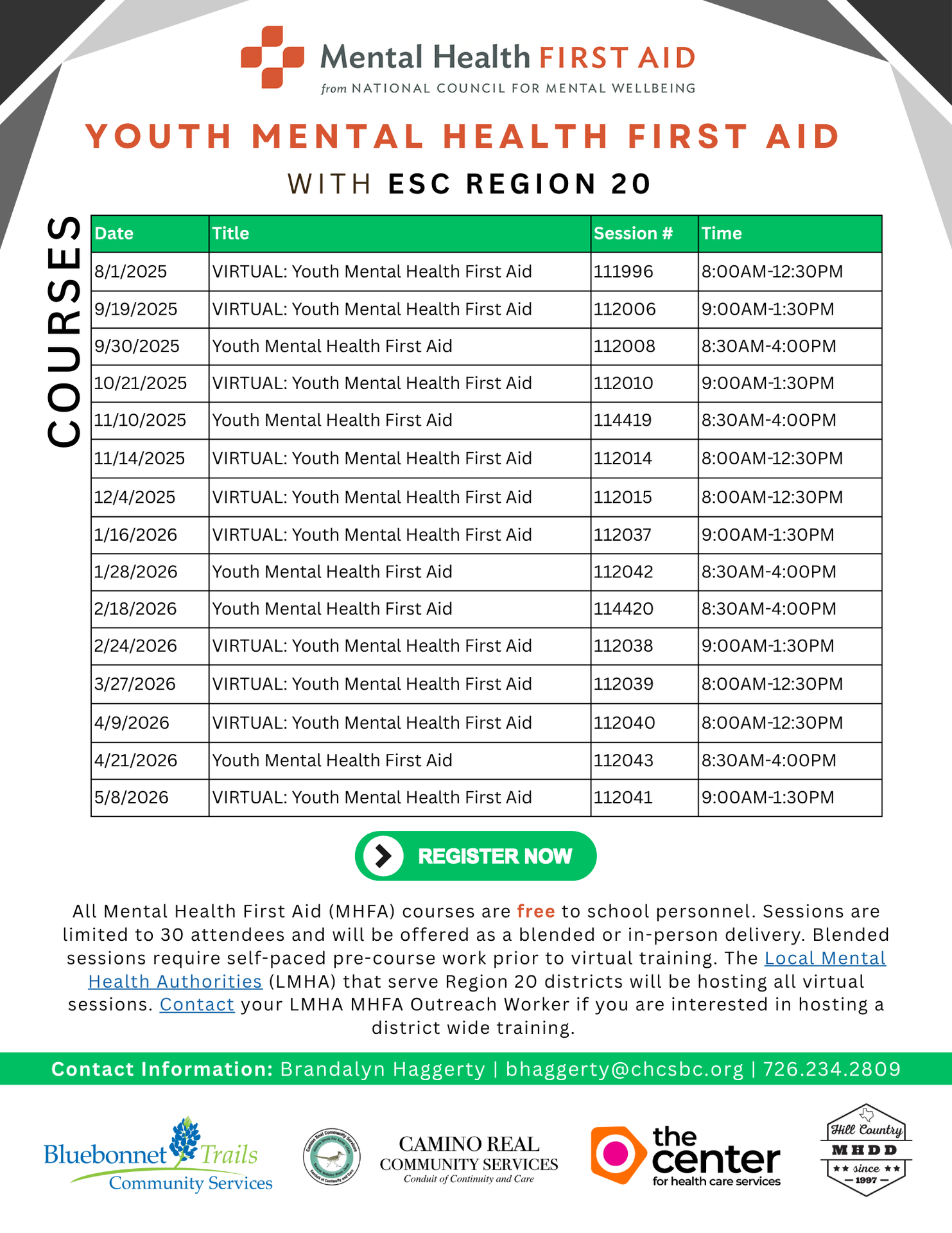 list of mental health first aid courses for the 25-26 school year