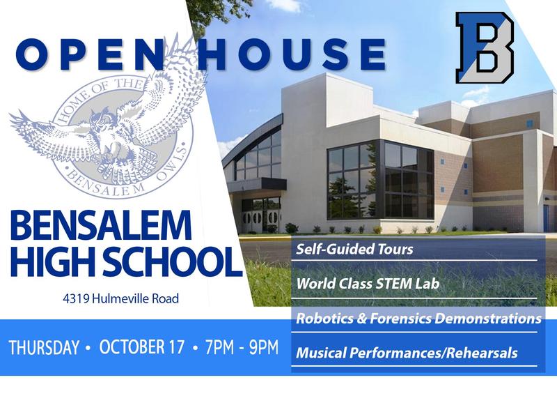 Post Card with our B logo and high school owl logo advertising Bensalem High School Open House.