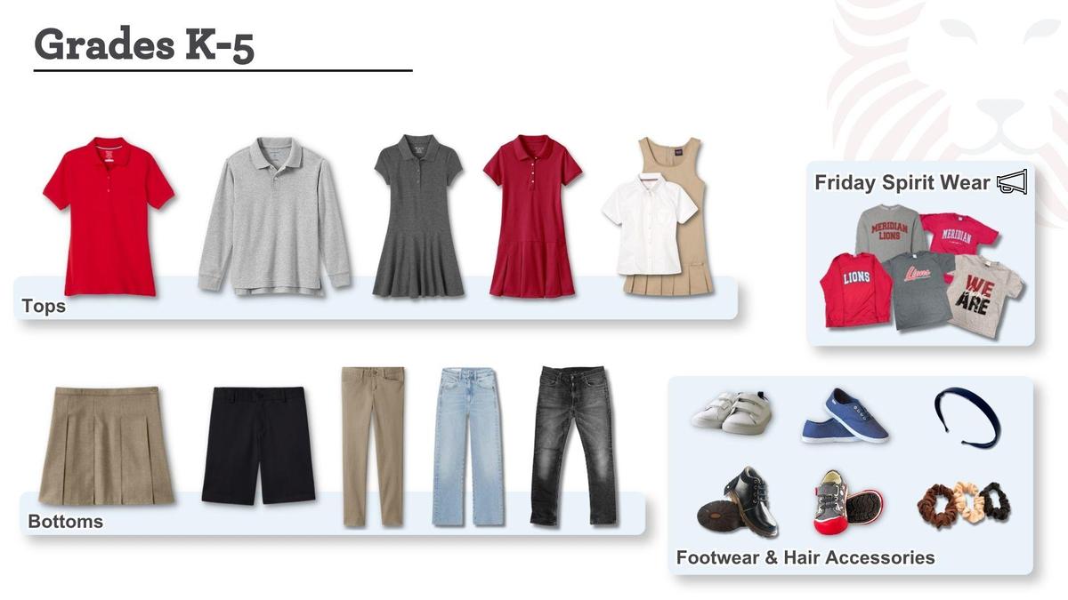Uniform tops, bottoms, shoes, and hair ties