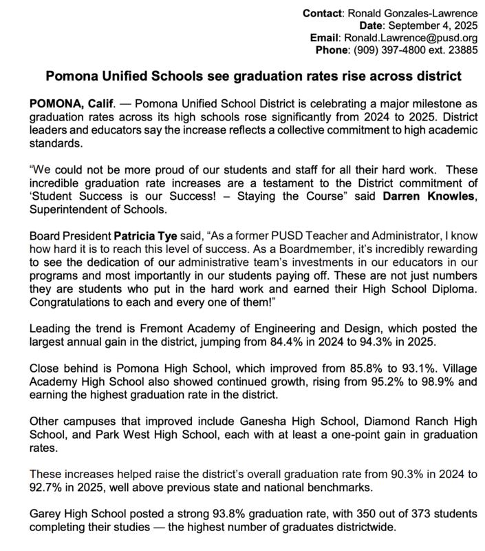 “We could not be more proud of our students and staff for all their hard work.  These incredible graduation rate increases are a testament to the District commitment of ‘Student Success is our Success! – Staying the Course” said Darren Knowles, Superintendent of Schools.
