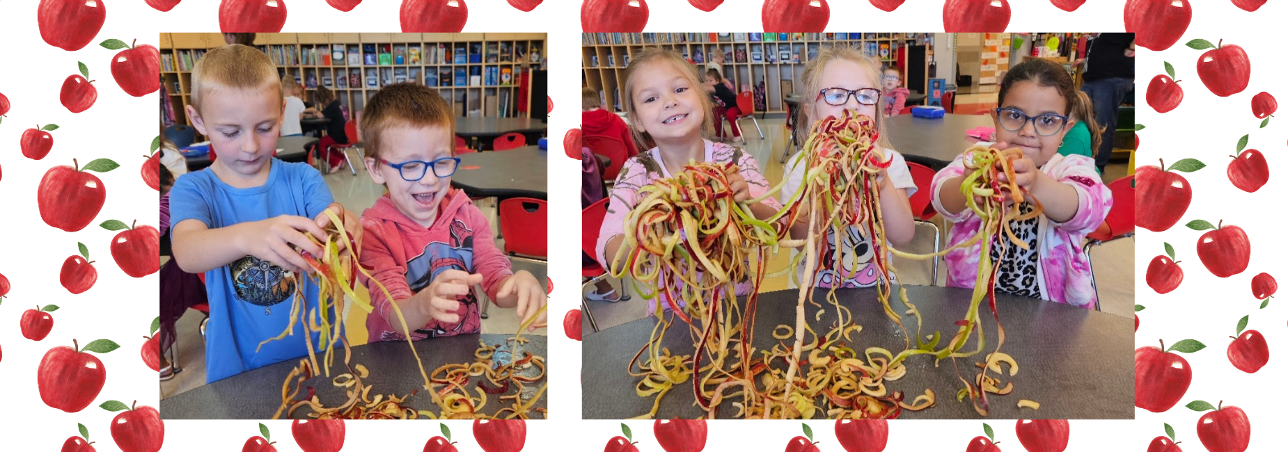 Students joyfully handling apple peels during a group activity with vibrant expressions.