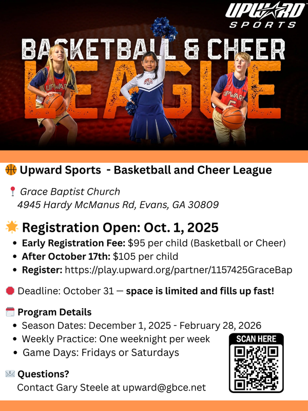 Cheerleader and basketball players promoting a youth sports league brochure.