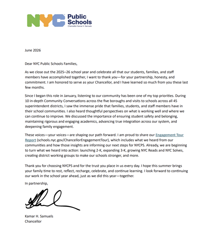 End of Year Family Message from Chancellor Samuels. - English