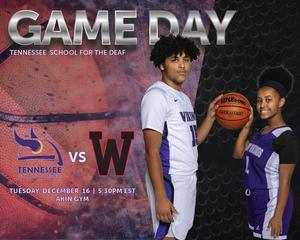 Two young athletes in sports uniforms holding a basketball with game details overlay.