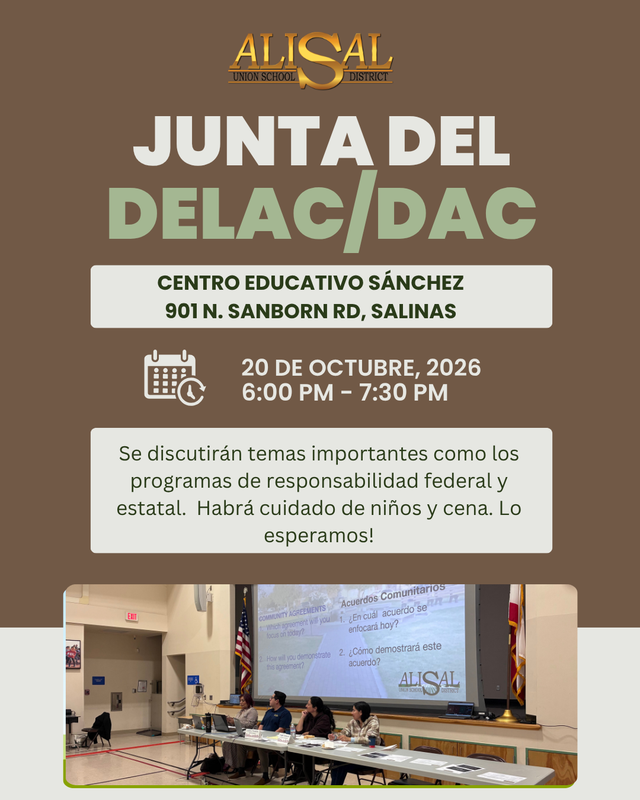 Flier about DELAC/DAC meeting of Oct. 20 2026 in Spanish