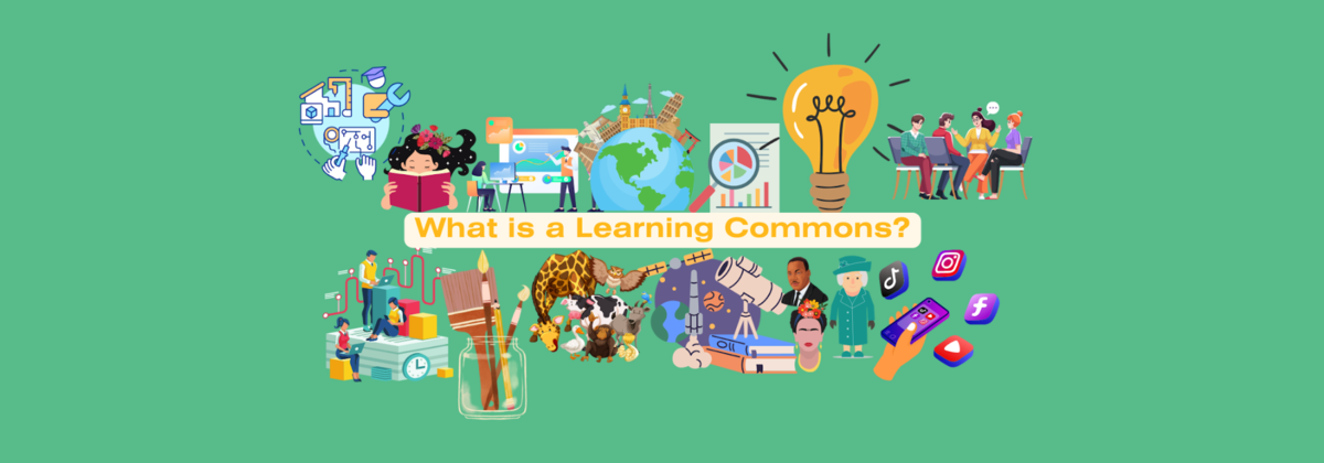 Colorful collage illustrating various elements of a learning commons concept.