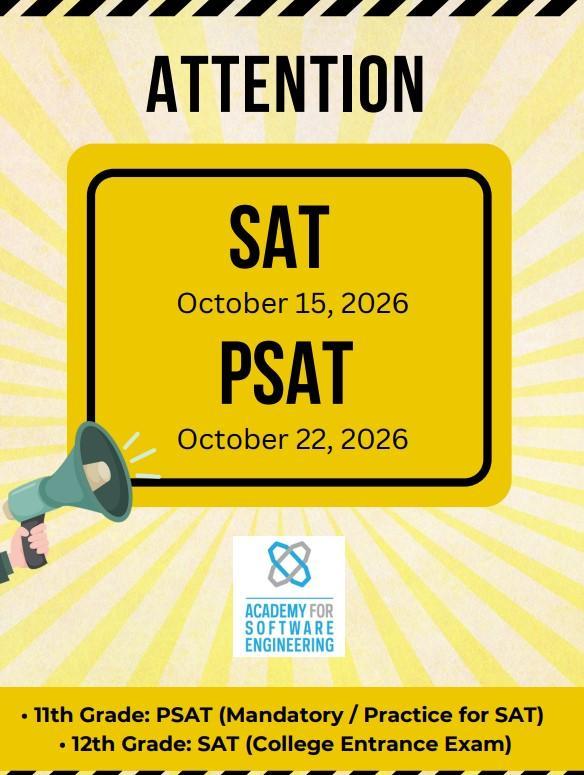 Announcement for SAT and PSAT dates with a megaphone graphic.