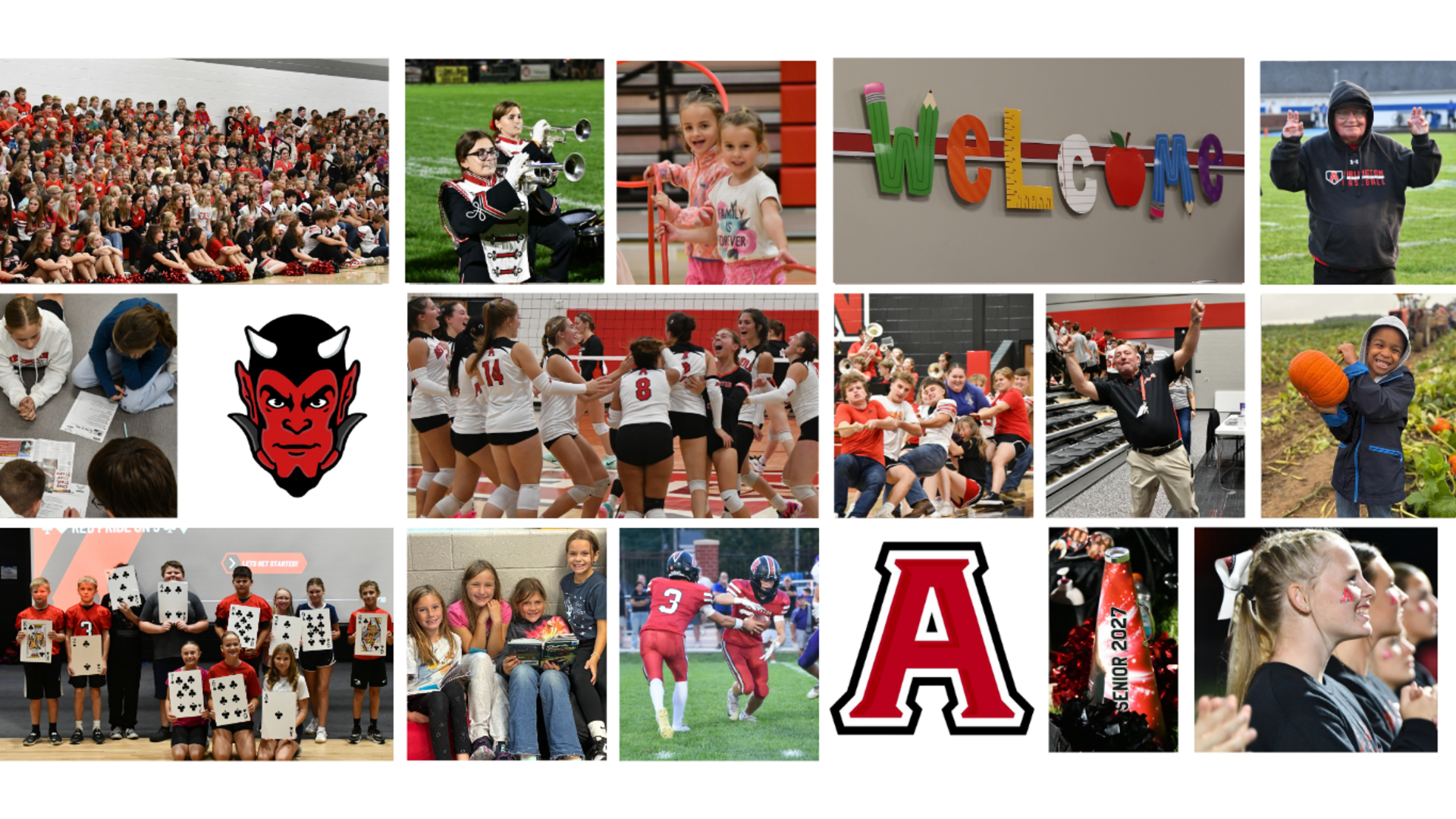 Collage of school events, students, and team spirit activities.